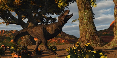 T-Rex Defiance - T-Rex bellows in frustration when he misses an attack on a prey dinosaur の写真素材