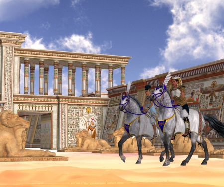 Egyptian Nobility on Horseback - The Pharaoh and queen of Egypt take a ride on horseback through their kingdom の写真素材