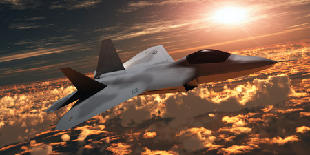 F22 Fighter Jet at Sunset - An F-22 fighter jet flies at an altitude above the cloud layer on its...