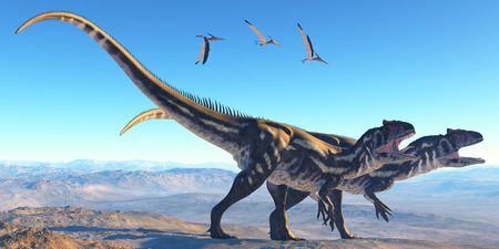 Allosaurus on Mountain - Two Allosaurus dinosaurs look for prey on a high mountain as Pterosaurs...