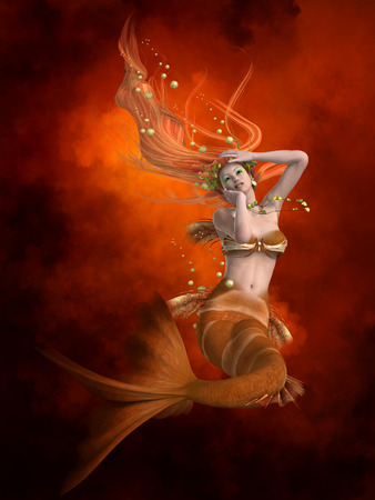 Mermaid in Red - Mermaids were known as sea sirens luring men from their boats and ships.の写真素材