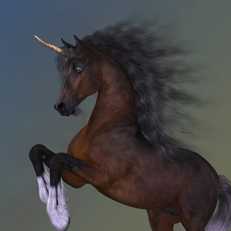 The levade is a special jump execution done by trained Spanish horses. Here it is done by a bay colored unicorn with a golden horn.の写真素材