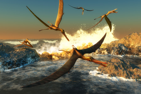 Anhanguera Fishing - A flock of Anhanguera flying dinosaur reptiles catch fish off a rocky coast in prehistoric times.の写真素材