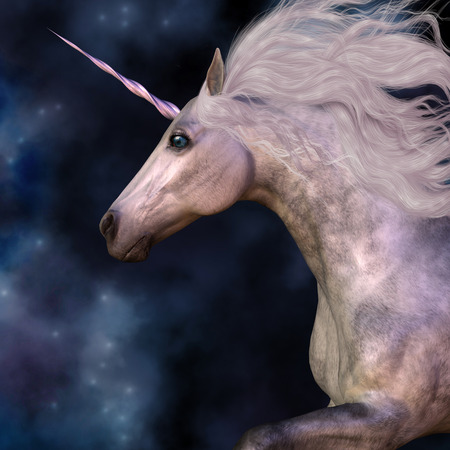 Dapple Grey Unicorn - Cosmic stars surround the beauty of a dapple grey unicorn as he prances across the universe.の写真素材
