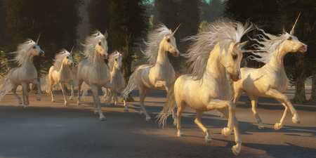 Magical Unicorn Forest - A herd of magical white unicorns with wondrous manes and tails gallop through the forest.の写真素材