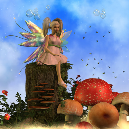 Fairy Faeryl - A swarm of fireflies fly around Fairy Faeryl in a magical forest full of large mushrooms.の写真素材