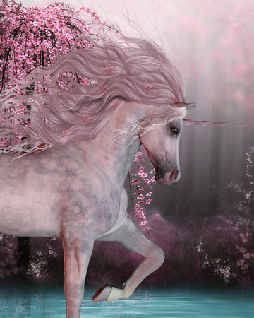 Cherry Blossom Unicorn - The Unicorn horse is a mythical creature with a horn on it's forehead and cloven hoofs and lives in the magical forest.の写真素材