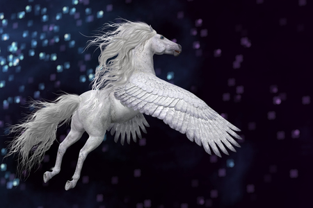Pegasus is a mythical white divine stallion with long flowing mane and tail rises into the sky with powerful wings.の写真素材