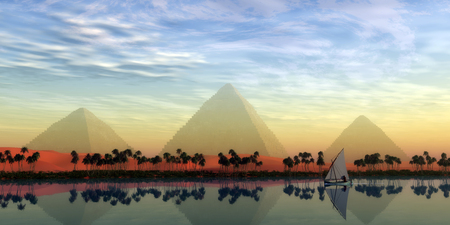The Great Pyramids and Nile River - The Great Pyramids stand majestically over the Nile River running through the land of Egypt.の写真素材