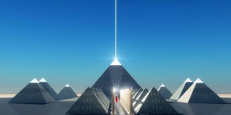 Egyptian Cosmic Pyramids - A beam of light shines from the top of an Egyptian pyramid to transport...