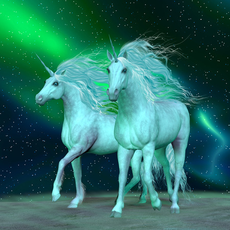 Northern Lights Unicorns - The Unicorn is a mythical creature that has a horse body with forehead horn and cloven hooves.の写真素材