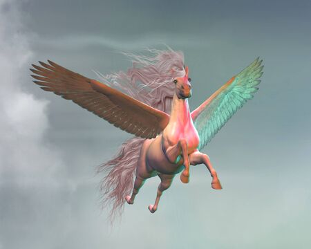 Pegasus in Clouds - A white Pegasus stallion a creature of myth and folklore flies magically through a sky with light clouds.の写真素材