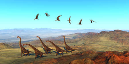 Giraffatitan Dinosaurs - A herd of Giraffatitan dinosaurs walk on their yearly migration over an African extinct volcano as a flock of Pteranodons fly over them.の写真素材