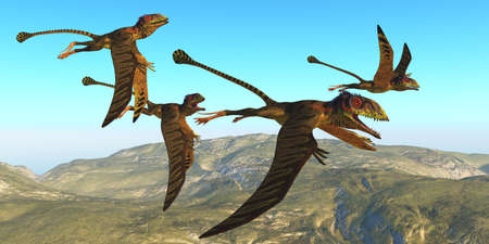 Peteinosaurus Reptile Flight - A flock of Peteinosaurus reptiles fly over a mountainous landscape during the Triassic Age of Italy.の写真素材