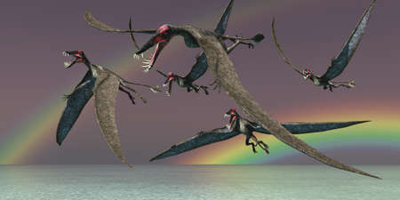 Dorygnathus Reptiles at Sea - A flock of Dorygnathus Pterosaur reptiles fly over the sea during the Jurassic Period of Europe.の写真素材