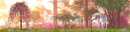 Unicorn Mare and Foal - A White Unicorn mother protects her small foal in a magical forest full of flowers and beautiful trees.の写真素材