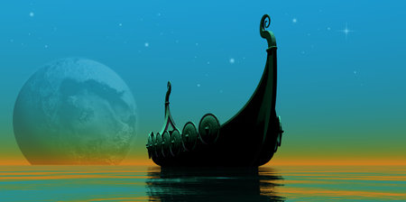 Viking Boat Dreams - A Viking longboat rows to new shores for trading and adventure.の写真素材