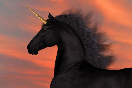 Unicorn Friesian Stallion - A Unicorn is a mythical creature that has a black coat, cloven hooves and golden forehead horn.の写真素材