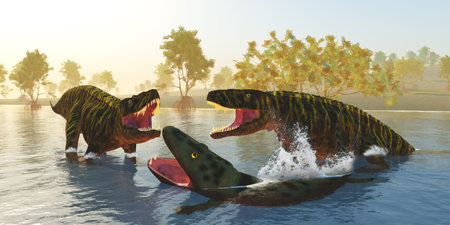 Batrachotomus attack Mastodonsaurus - Two Batrachotomus reptiles corner a Mastodonsaurus during the Triassic Period of Europe.の写真素材