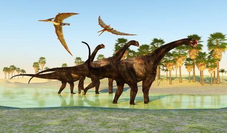 Brontomerus Dinosaur Swamp - Pteranodon flying reptiles fly over Brontomerus sauropod dinosaurs crossing a swamp.の写真素材