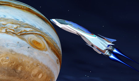 Fury Starship orbits Jupiter - A starcraft orbits the planet Jupiter on its mission in outer space.
