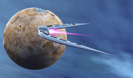 Spaceship flies near Ceres Planet - A spacecraft from Earth flies near Ceres dwarf planet in the...