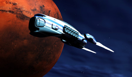 Visiting Mars Planet - In the future a spaceship orbits the Mars planet in our solar system.