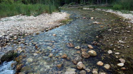 Mountain river, fast flowing water, clear water, white stones at the bottom, many green plants on the shore, high cliffs. Serpis River, Spain.の写真素材