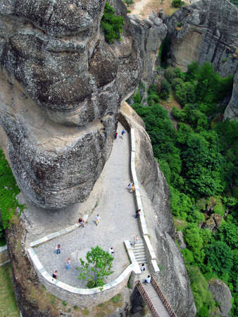 Panoramic view from Holy Trinity Monastery of Meteora in Greece high in the mountains. Unusual architecture.の写真素材