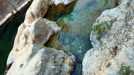 Beautiful unique landscape, mountain river, bay among the rocks, natural pools, SPA, Ontinyent, Spainの写真素材