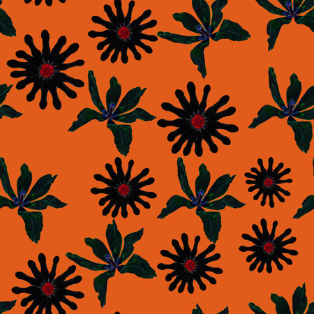 Halloween festive seamless pattern, black ghost blots lily flowers on orange, unusual background, original horror textureの写真素材
