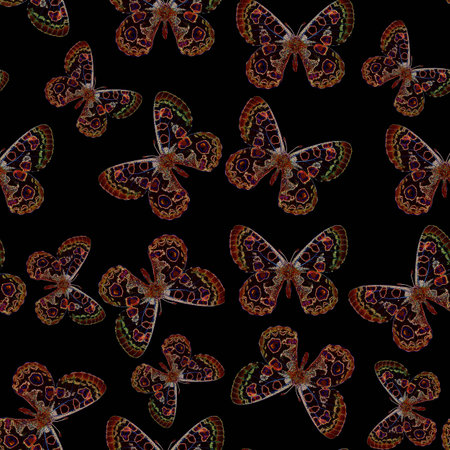 Original background fantastic red butterflies on black, texture retro vintage style, exotic seamless patternの写真素材