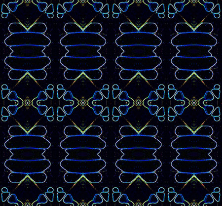 Geometric texture blue purple shapes  lines on black, ornamental background for design, laptops and phones covers seamless pattern of butterfly wingの写真素材