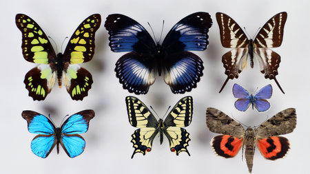 Collection of bright colorful butterflies isolated on white background. Red blue green butterflies on white. Several colorful beautiful butterflies. Lepidoptera. Entomology collectの写真素材