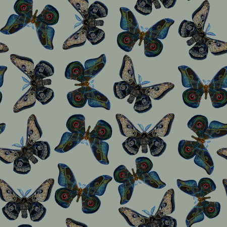 Seamless pattern blue green butterflies, colorful retro vintage background, engraved style texture many butterflies, nature concepcion,の写真素材