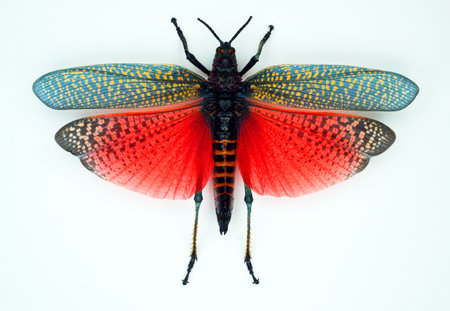 Grasshopper with red orange green wings isolated on white. Extraordinary beautiful giant grasshopper...