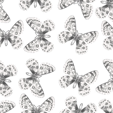 Many butterflies seamless pattern, retro vintage engraved style texture, nature conception black white background wallpaper, for design, art, card, printの写真素材