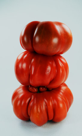 Tomatoes isolated on white. Fresh ripe red juicy tomato close-up. Three appetizing tomatoes placed vertically on top of each other. Fresh vegetables.の写真素材
