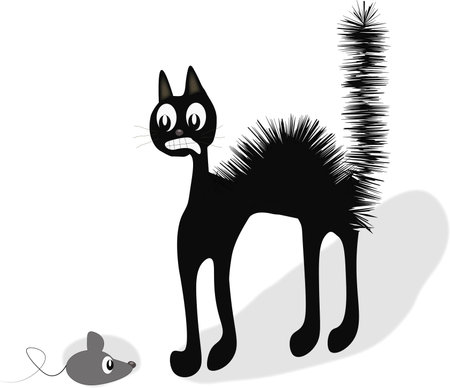 Crazy cat, vector illustration, cartoon style, cat was scared of mouse. Big black bristling cat and little mouseのイラスト素材