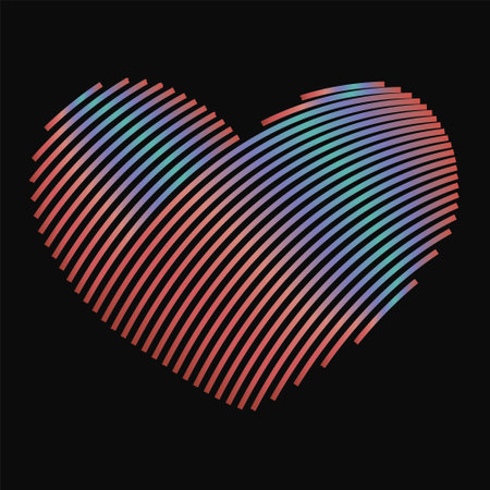 Unusual abstract heart logo vector illustration, rainbow stripes lines on a black background, for design, decor, print, decoration, cards. Creative colorful heart icon symbolのイラスト素材