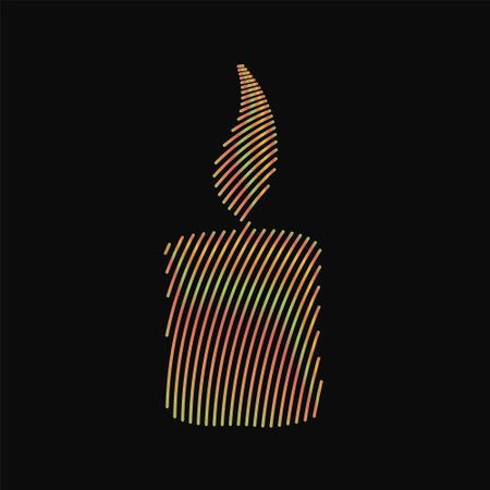 Abstract logo burning candle vector illustration, rainbow stripes lines on a black background, for design, decor, print, decoration, cards. Creative unusual colorful candle flame iのイラスト素材