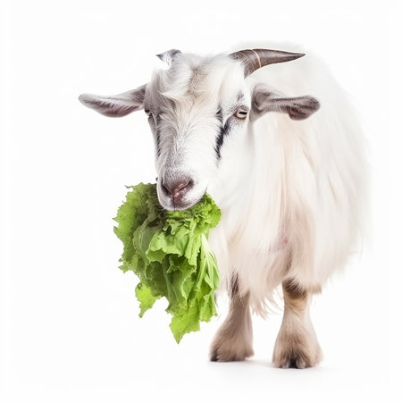 White goat chews cabbage on a white background close-up, useful petの素材