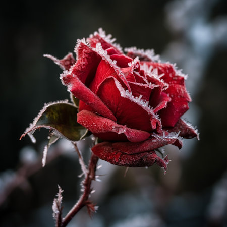 Lovely red frozen rose covered with hoarfrost close-up, original flower background, fancy wallpaperの素材