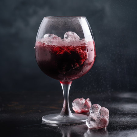 Frozen red wine in a glass, close-up, iceの素材