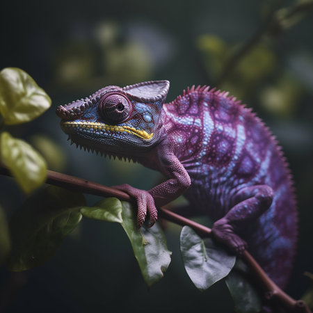 Cute purple chameleon on a branch, unusual lizard close-upの素材