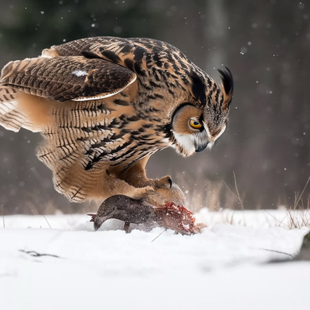 Eagle owl hunts, eagle owl caught prey in the snow, bird of prey close-upの素材