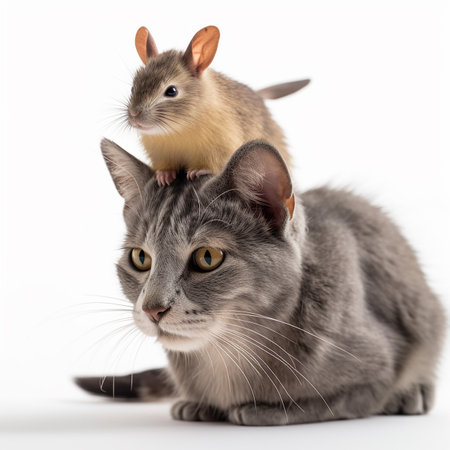 Cat and cute mouse together, mouse lies on cat's head on white background close-up, friendship, wonderful illustration for advertising pet products,の素材