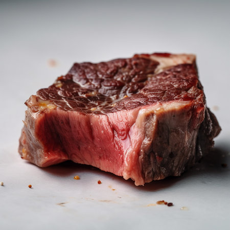 Appetizing fresh tasty steak with blood, lightly fried, isolated on white close-up, great dish for dinner,の素材