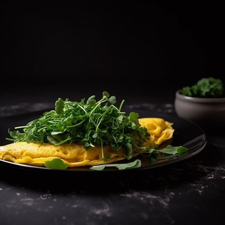 Delicious fresh appetizing omelet with herbs, great breakfast dish isolated on blackの素材