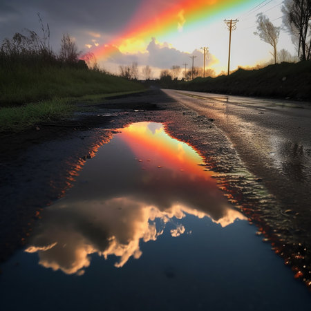 Reflection of a rainbow and clouds in a puddle on the road after rain, beautiful landscapeの素材